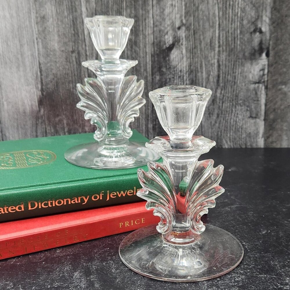 Vintage Pair 5" Candlestick (Baroque Shape) Clear Taper Candle Holders Art Deco